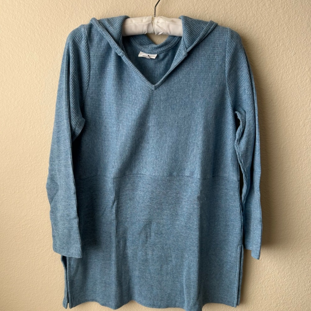 J.Jill Hooded Split-Neck Sweater Tunic Blue Heather Side-Slit Size Petite Medium - Picture 2 of 16